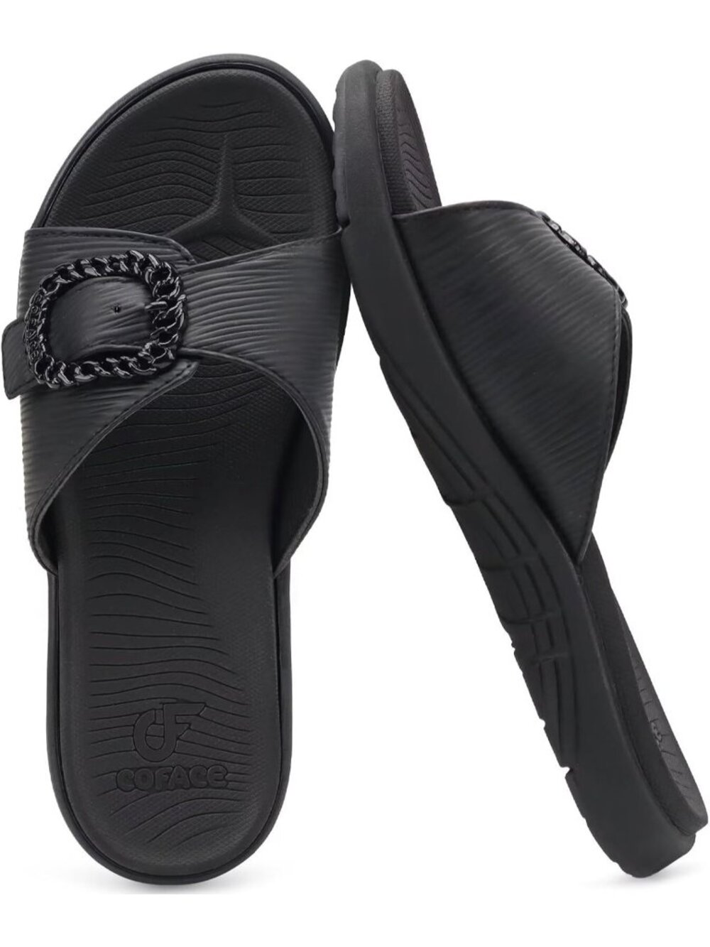 Women's All Black Orthotic Slides Lightweight Yoga Mat Thick Cushion Walking